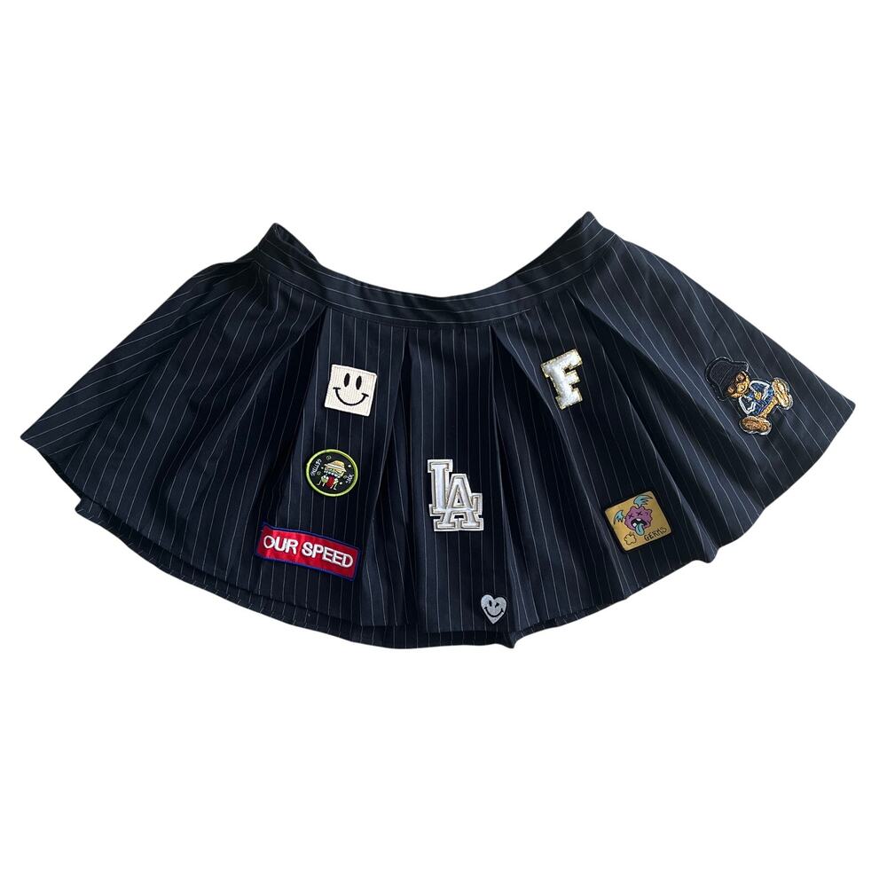 Finesse Pinstripe Pleated Mini Skirt Patch Detail Black